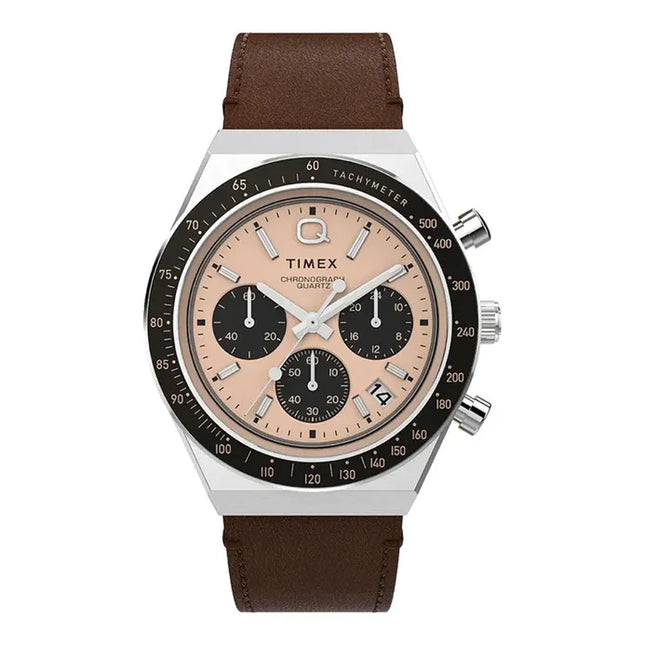 Timex Q TW2W51800 Men Chronograph Rose Gold Dial Brown Leather Strap