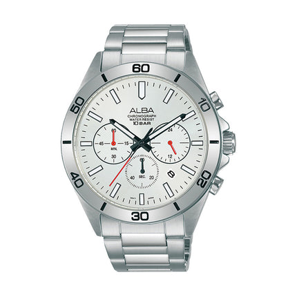 Alba Active AT3H29X1 Chronograph Men Silver White Dial Stainless Steel Strap