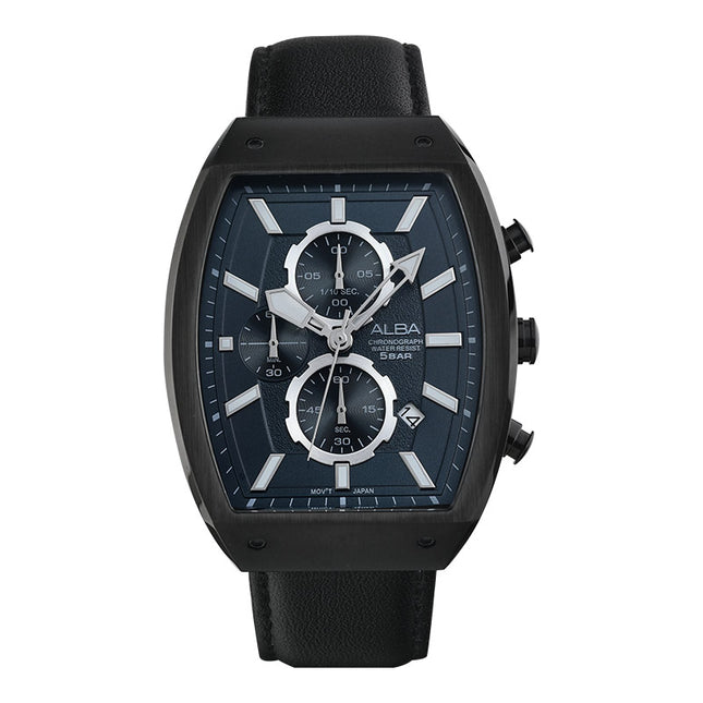 Alba AM3999X1 Men Chronograph Black Dial Black Leather Strap