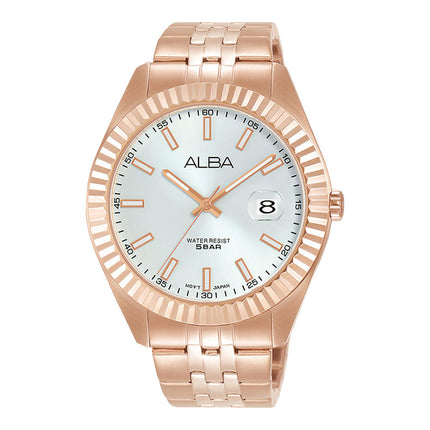 Alba Prestige AS9J90X1 Silver White Dial Rose Gold Stainless Steel Strap
