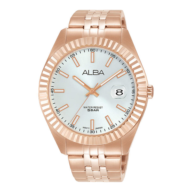 Alba Prestige AS9J90X1 Silver White Dial Rose Gold Stainless Steel Strap