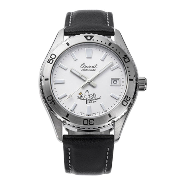 Orient Mako 40 RA-AC0Q08S Peanuts 75th Anniversary White Dial Black Leather Strap Limited Edition 