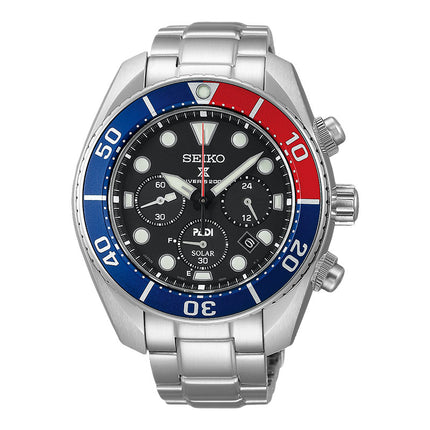 Seiko Prospex SSC795J1 PADI Sumo Pepsi Solar Chronograph Black Dial Stainless Steel Strap