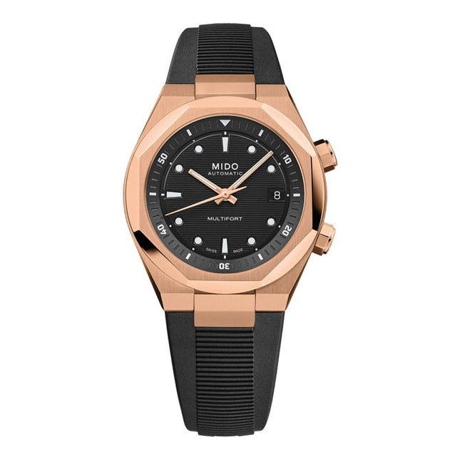 MIDO Multifort 8 M047.507.37.051.00 Two Crowns Octagonal Black Dial Black Rubber Strap