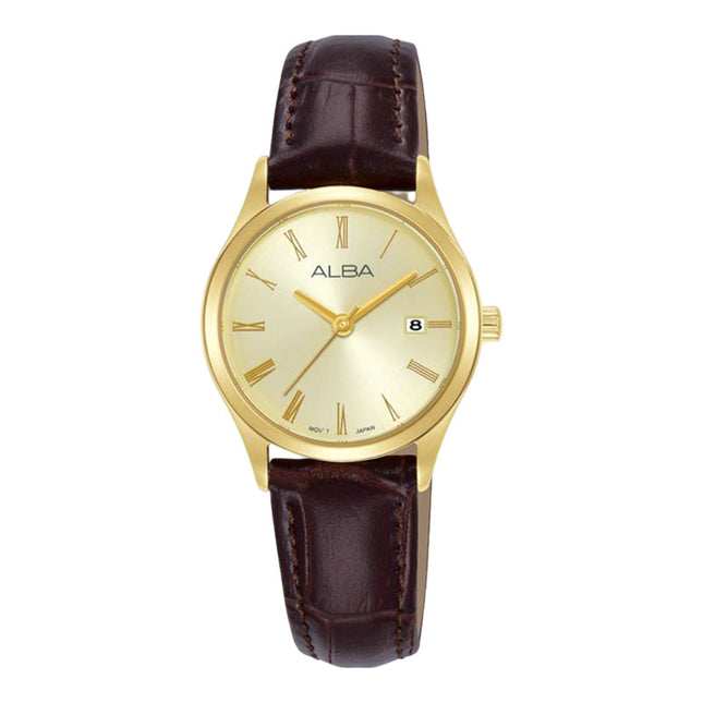 Alba Fashion AH7EZ4X1 Ladies Analog Light Champagne Dial Brown Leather Strap