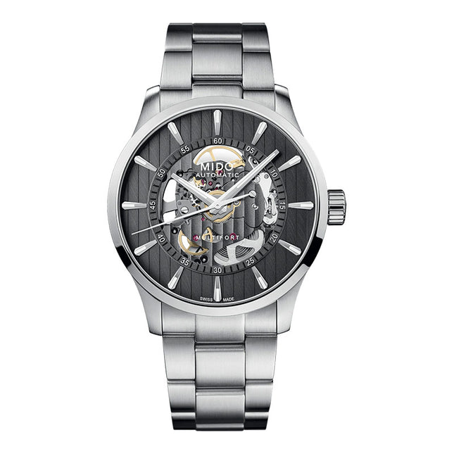 MIDO Multifort M038.436.11.061.00 Automatic Skeleton Vertigo Anthracite Dial Stainless Steel Strap