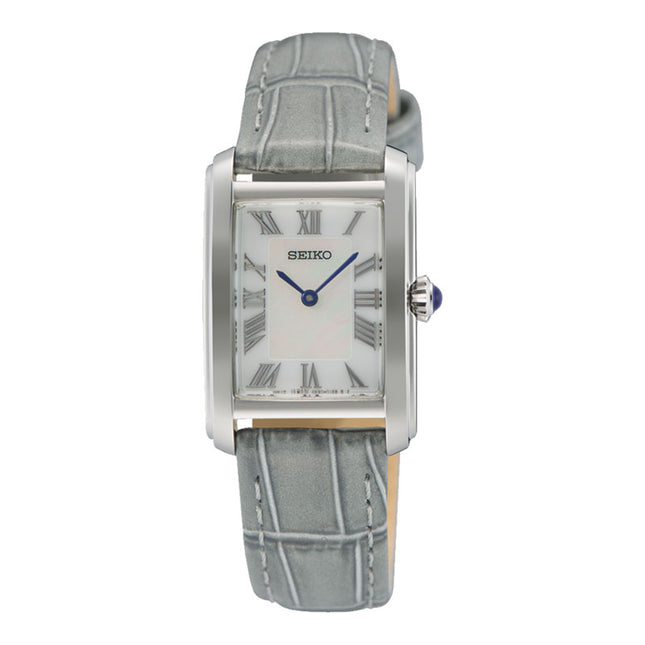 Seiko Classic SWR099P1 Tank Ladies Mother Of Pearl Dial Grey Leather Strap
