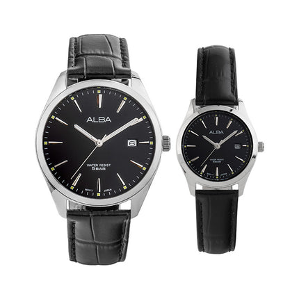 Alba AH7BN9X1_AS9R05X1 Couple Black Dial Black Leather Strap