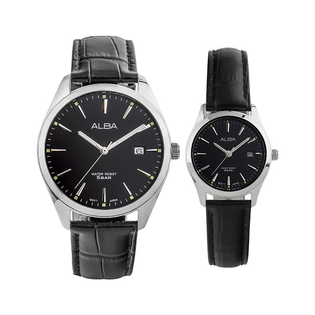 Alba AH7BN9X1_AS9R05X1 Couple Black Dial Black Leather Strap