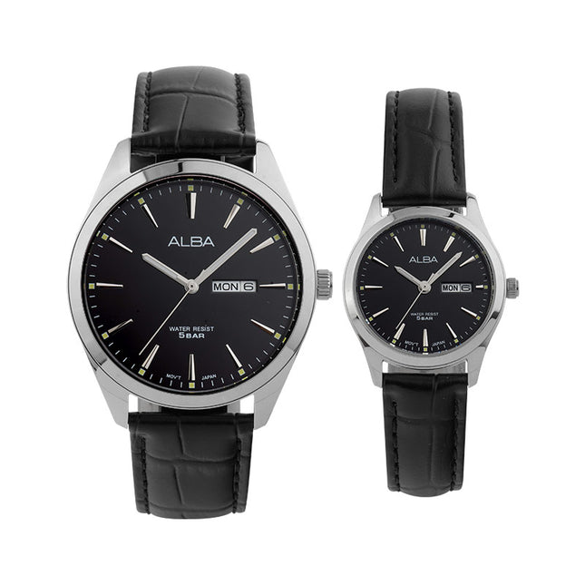 Alba AN8091X1_AJ6195X1 Couple Black Dial Black Leather Strap