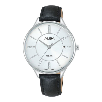 Alba Fashion AG8Q59X1 Ladies Silver White Dial Black Leather Strap