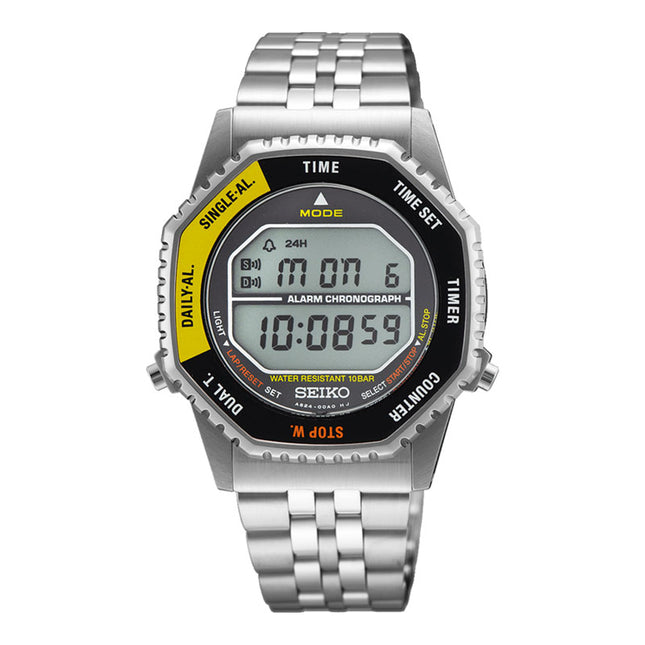 Seiko SMGG17P1 Rotocall Reissue Digital Quartz Watch in Black & Yellow Stainless Steel Strap