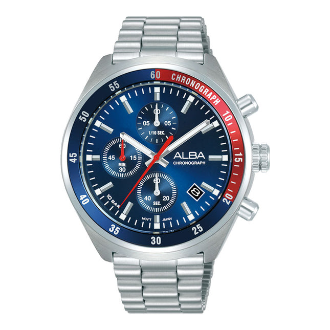 Alba Active AM3A37X1 Men Chronograph Pepsi Blue Dial Stainless Steel Strap