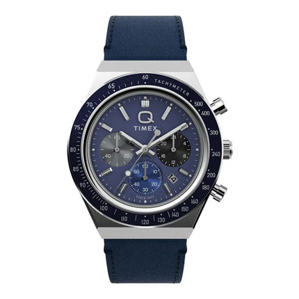 Timex Q TW2Y36100 Men Chronograph Blue Dial Blue Leather Strap