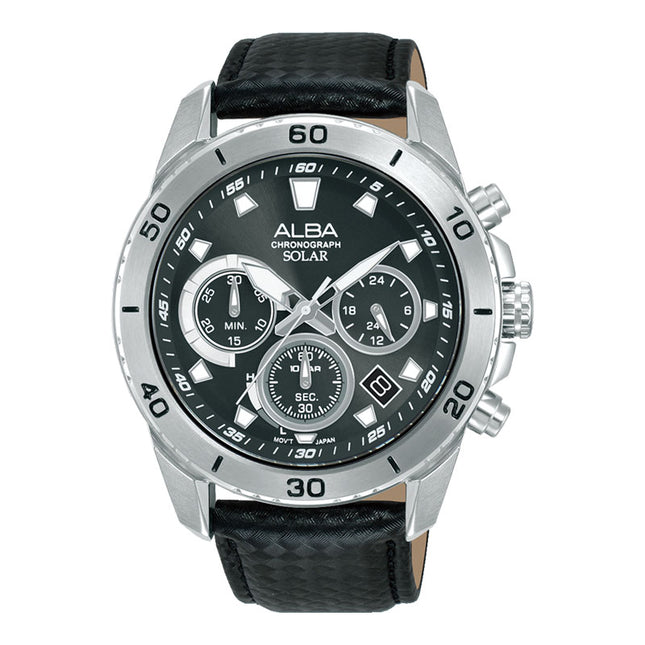 Alba Active AZ5019X1 Men Solar Chronograph Black Dial Black Leather Strap