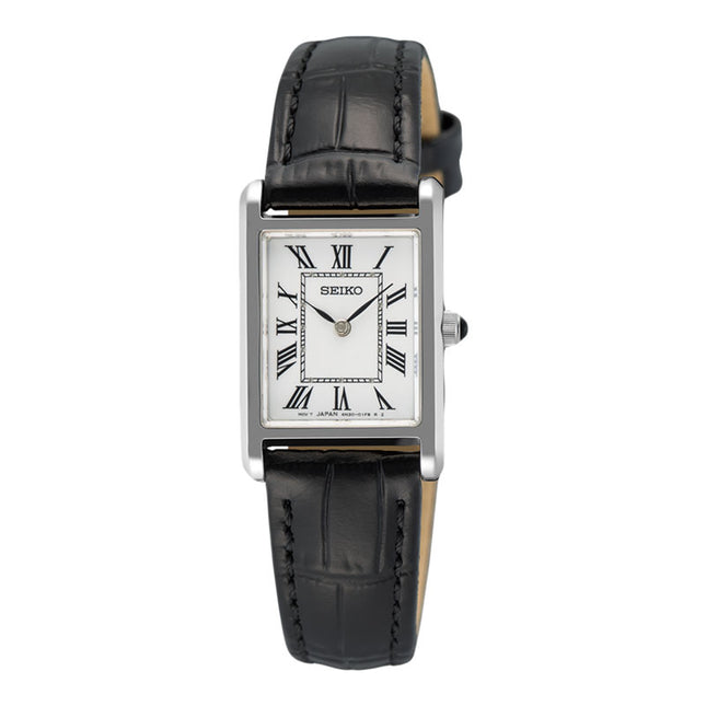 Seiko Classic SWR107P1 Tank Discover More Ladies White Dial Black Leather Strap