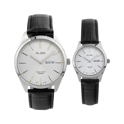 Alba AN8089X1_AJ6193X1 Couple Silver Dial Black Leather Strap