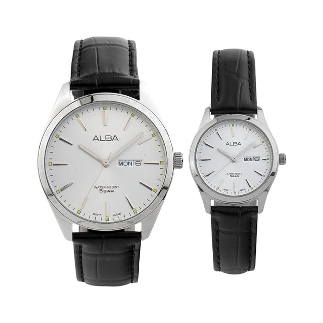 Alba AN8089X1_AJ6193X1 Couple Silver Dial Black Leather Strap