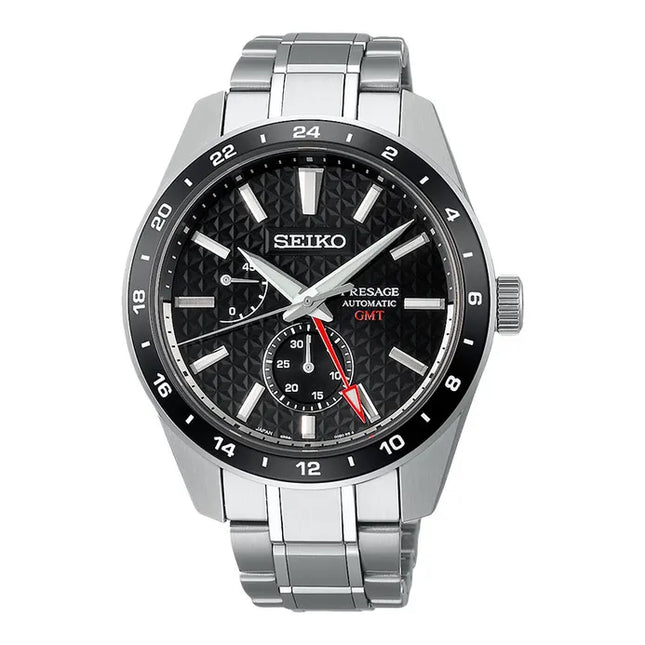 Seiko Presage SPB221J1 Sharp Edged GMT Series Automatic Black Dial Stainless Steel Strap