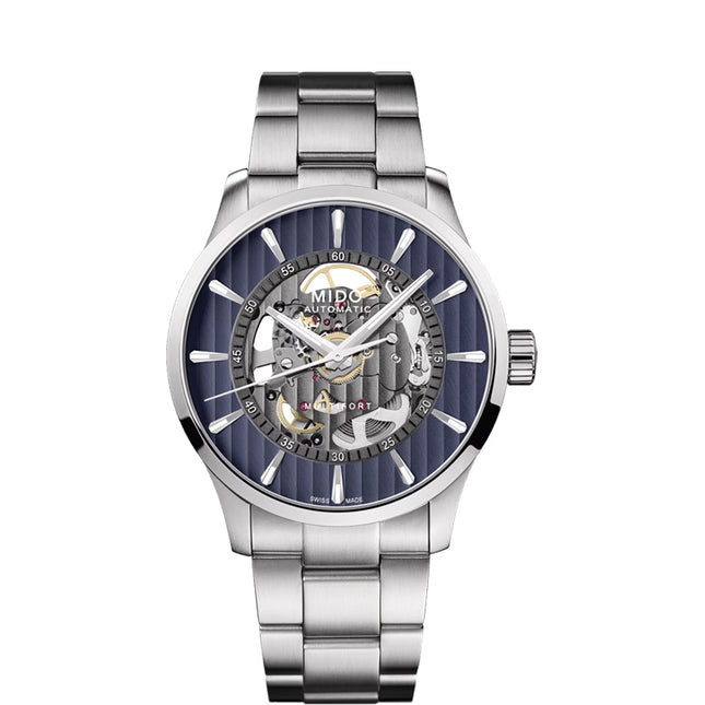 MIDO Multifort M038.436.11.041.00 Skeleton Vertigo Automatic Blue Dial Stainless Steel Strap