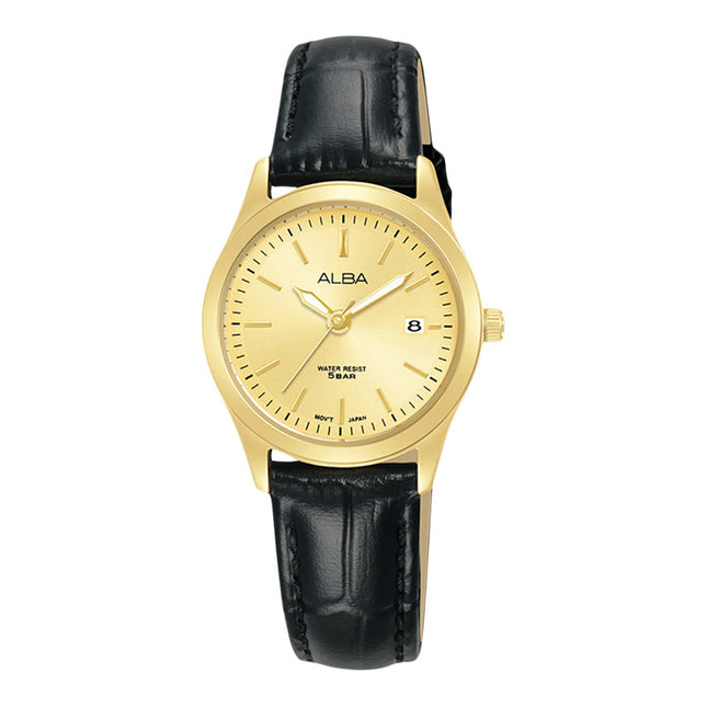 Alba Prestige AH7CG2X1 Ladies Light Champagne Dial Black Leather Strap