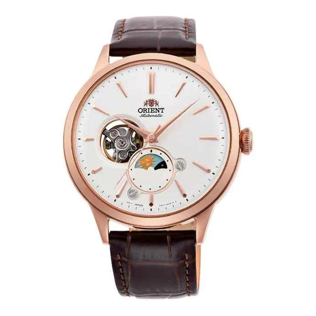 Orient Classic RA-AS0102S Automatic Sun & Moon Open Heart White Dial Brown Leather Strap