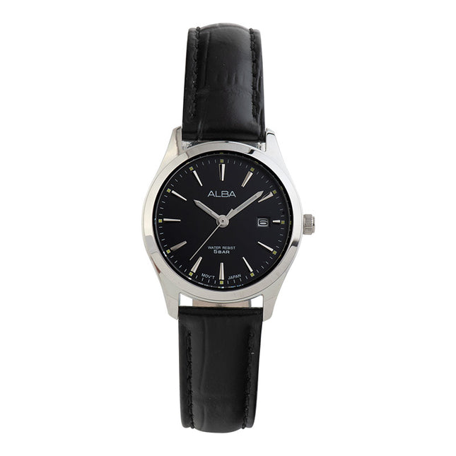 Alba AH7BN9X1 Ladies Black Dial Black Leather Strap