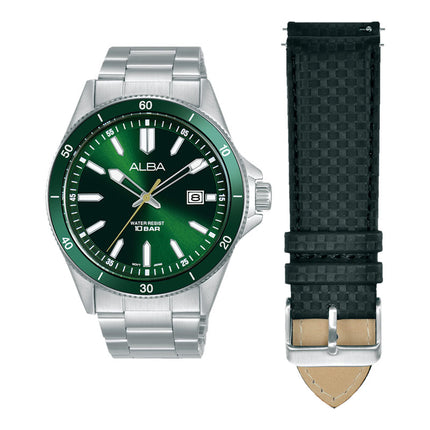 Alba Active AS9V33X2 Men Green Dial Stainless Steel Strap + Extra Strap