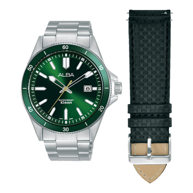 Alba Active AS9V33X2 Men Green Dial Stainless Steel Strap + Extra Strap