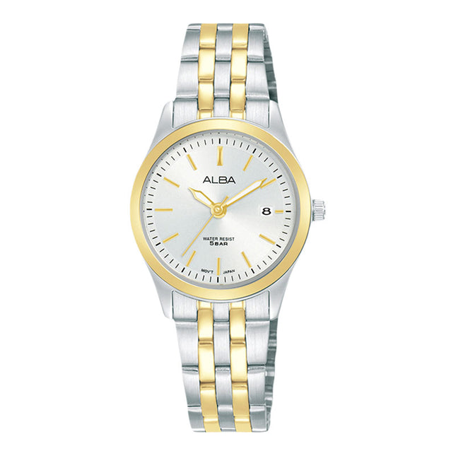 Alba Prestige AH7CF0X1 Ladies Silver White Dial Dual Tone Stainless Steel Strap