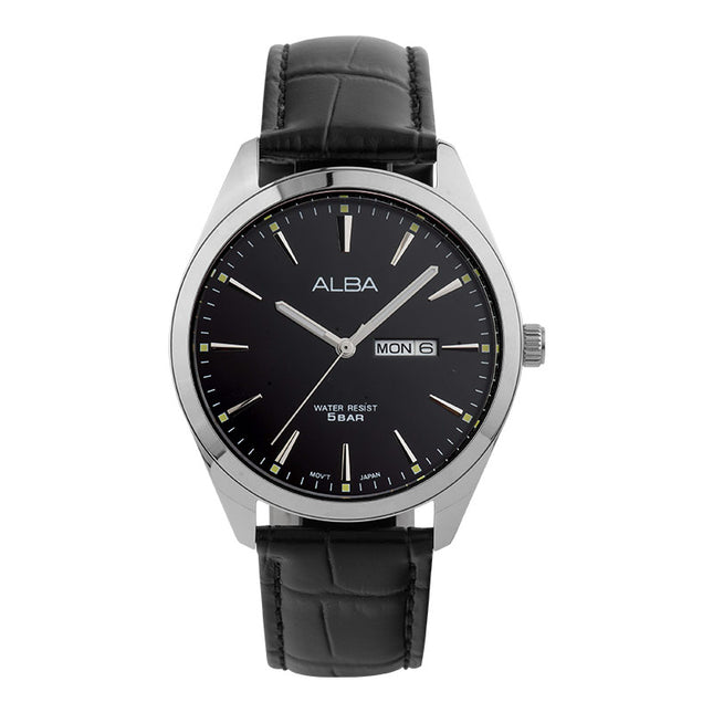 Alba AJ6195X1 Men Black Dial Black Leather Strap
