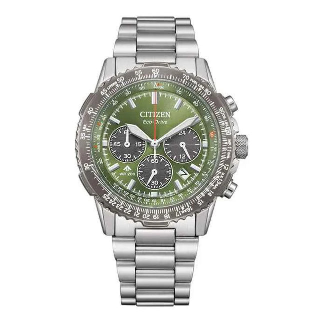 Citizen Promaster Sky Navihawk CA4664-60W Eco Drive Chronograph Green Dial Stainless Steel Strap