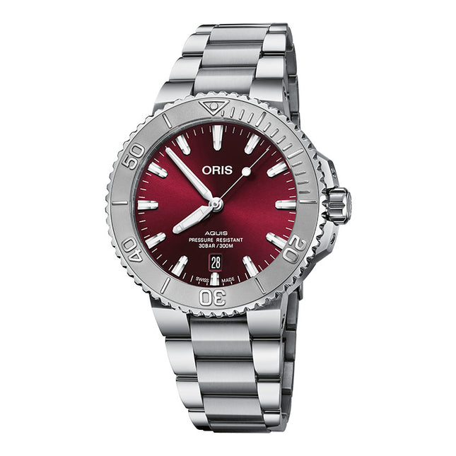 Oris Aquis 01-733-7766-4158-07-8-22-05PEB Date Relief Red Dial Stainless Steel Strap