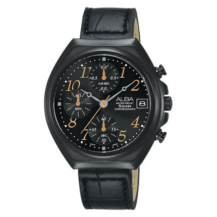 Alba Prestige AM3497X1 Chronograph Black Dial Black Leather Strap