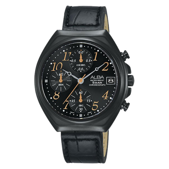 Alba Prestige AM3497X1 Chronograph Black Dial Black Leather Strap