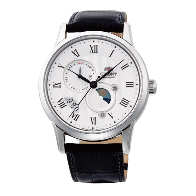 Orient Classic RA-AK0008S Men Automatic Sun & Moon White Dial Black Leather Strap