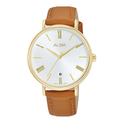 Alba Fashion AG8N90X1 Ladies Silver White Dial Brown Leather Strap