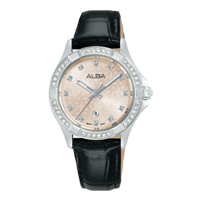 Alba Signa AH7EE5X1 Ladies Light Champagne Dial Black Leather Strap