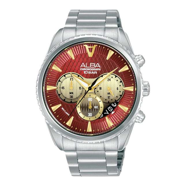 Alba Signa AT3J11X1 Chronograph Men Maroon Light Gold Gradation Patterned Dial Stainless Steel Strap
