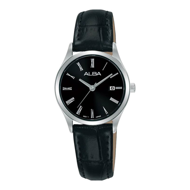 Alba Fashion AH7EZ5X1 Ladies Analog Black Dial Black Leather Strap
