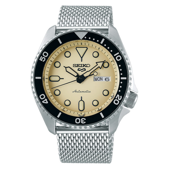 Seiko 5 Sports SRPD67K1 5KX SKX Sports Style Automatic Beige Dial Mesh Strap