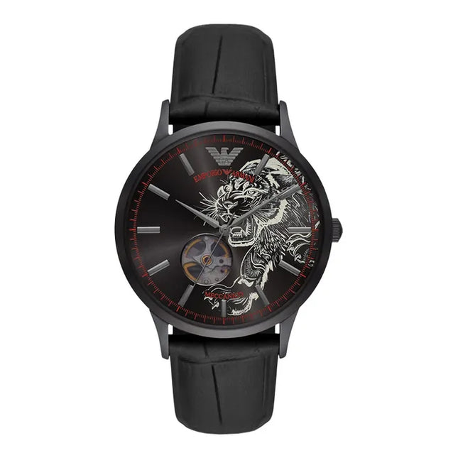 Emporio Armani Automatic AR60046 Meccanico Men Open Heart Black Dial Black Leather Strap