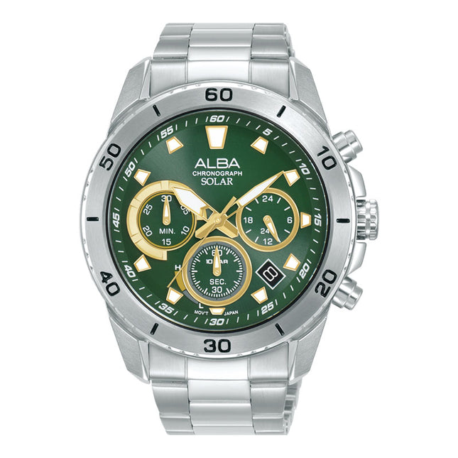 Alba Active AZ5011X1 Men Solar Chronograph Green Dial Stainless Steel Strap