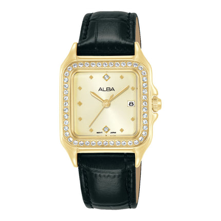 Alba Fashion AH7FF2X1 Ladies Analog Light Champagne Dial Black Leather Strap