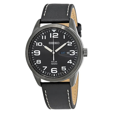 Seiko Solar SNE477P1 Men Black Dial Black Leather Strap