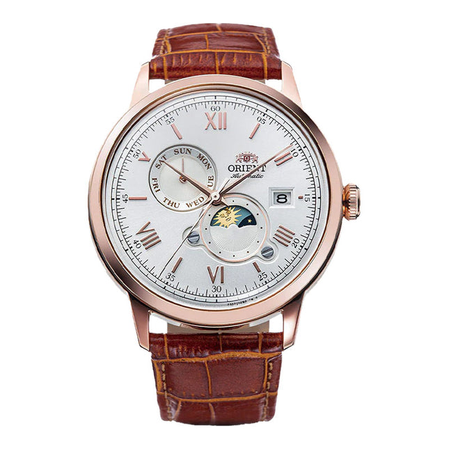 Orient Bambino RA-AK0801S Automatic Sun & Moon Analog Dial Brown Leather Strap