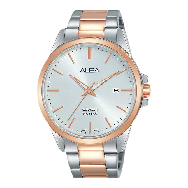 Alba Prestige AS9J04X1 Silver White Dial Dual Tone Stainless Steel Strap