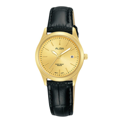 Alba Prestige AH7CG0X1 Ladies Gilt Dial Black Leather Strap
