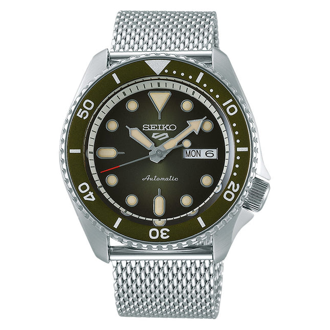 Seiko 5 Sports SRPD75K1 SKX Sports Style Automatic Green Sunburst Dial Silver Mesh Strap