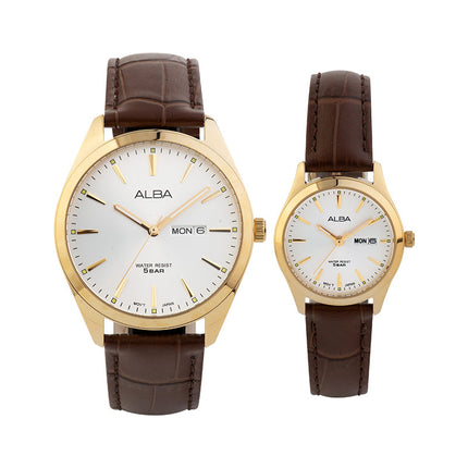 Alba AN8094X1_AJ6198X1 Couple Silver Dial Brown Leather Strap